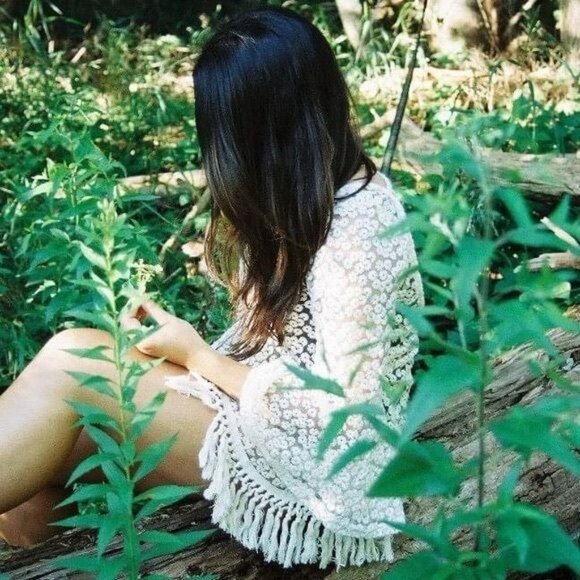 Gypsy Junkies X Free People Cream Lace Crochet Boho Fringe Tunic Mini Dress M/L - Picture 11 of 13